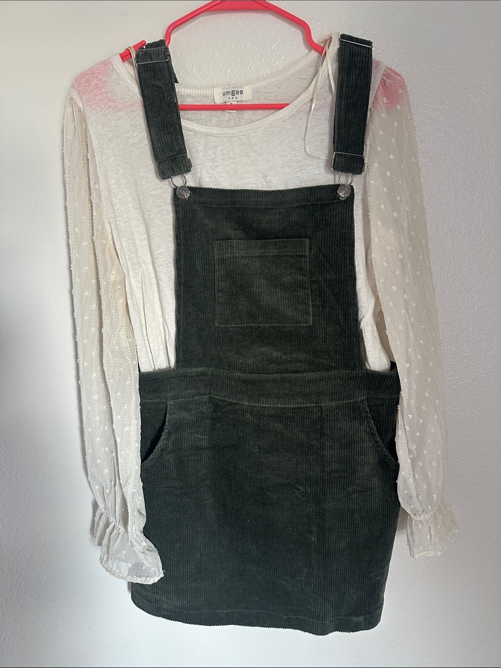 Umgee Dark Olive Corduroy Overall Jumper Dress